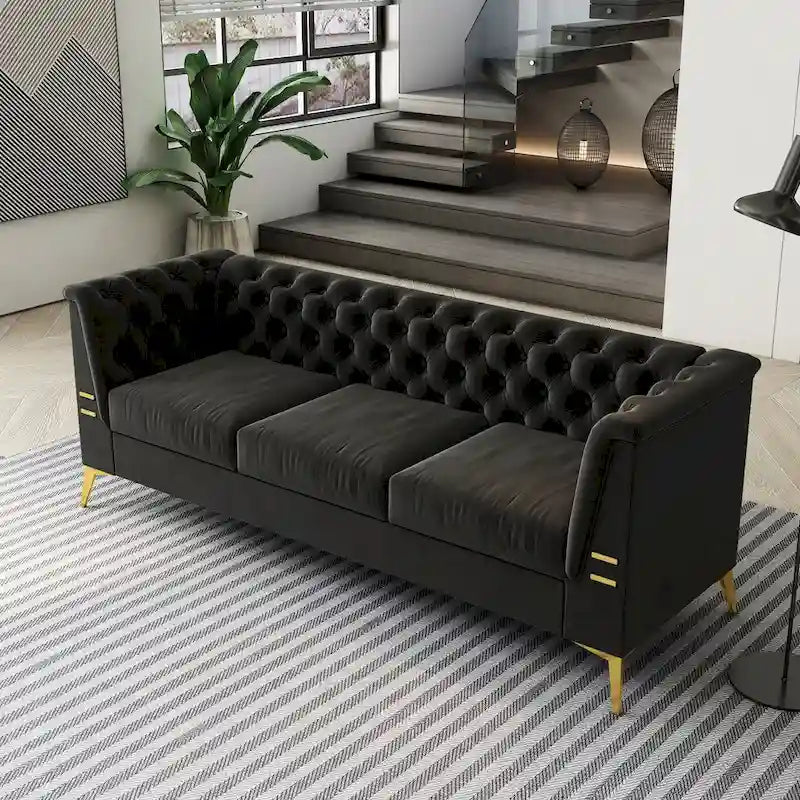 Canapé Chesterfield 3 places en velours gris clair / noir / beige / rose