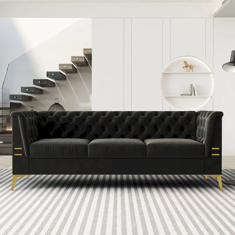 Canapé Chesterfield 3 places en velours gris clair / noir / beige / rose