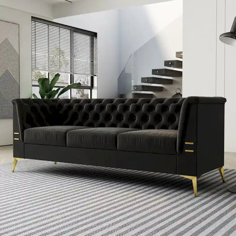 Canapé Chesterfield 3 places en velours gris clair / noir / beige / rose