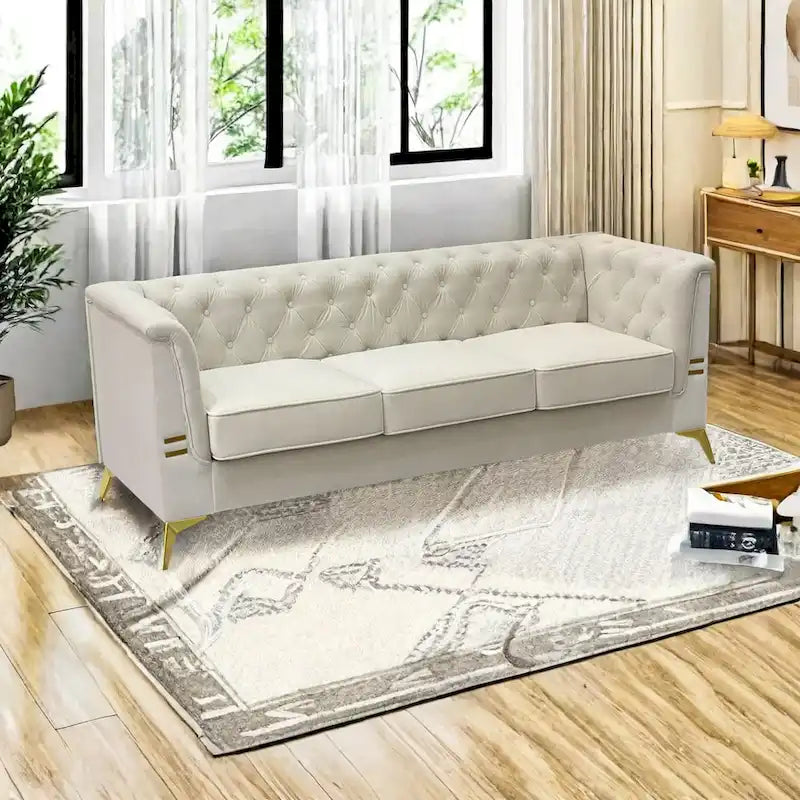 Canapé Chesterfield 3 places en velours gris clair / noir / beige / rose