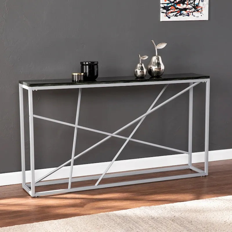 Console étroite en faux marbre noir/gris/beige — Base géométrique moderne en fer, assemblage par 1 personne
