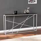 Console étroite en faux marbre noir/gris/beige — Base géométrique moderne en fer, assemblage par 1 personne