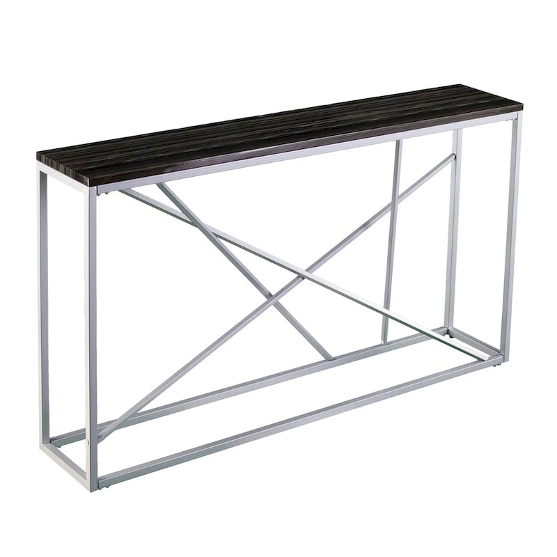 Console étroite en faux marbre noir/gris/beige — Base géométrique moderne en fer, assemblage par 1 personne