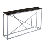 Console étroite en faux marbre noir/gris/beige — Base géométrique moderne en fer, assemblage par 1 personne