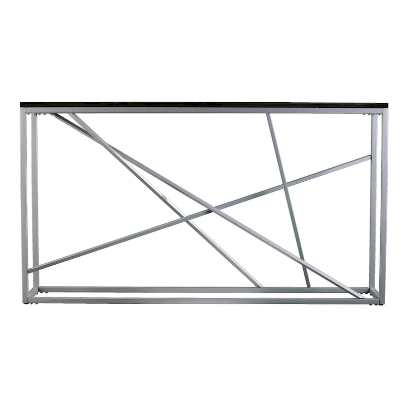 Console étroite en faux marbre noir/gris/beige — Base géométrique moderne en fer, assemblage par 1 personne