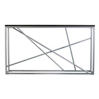 Console étroite en faux marbre noir/gris/beige — Base géométrique moderne en fer, assemblage par 1 personne