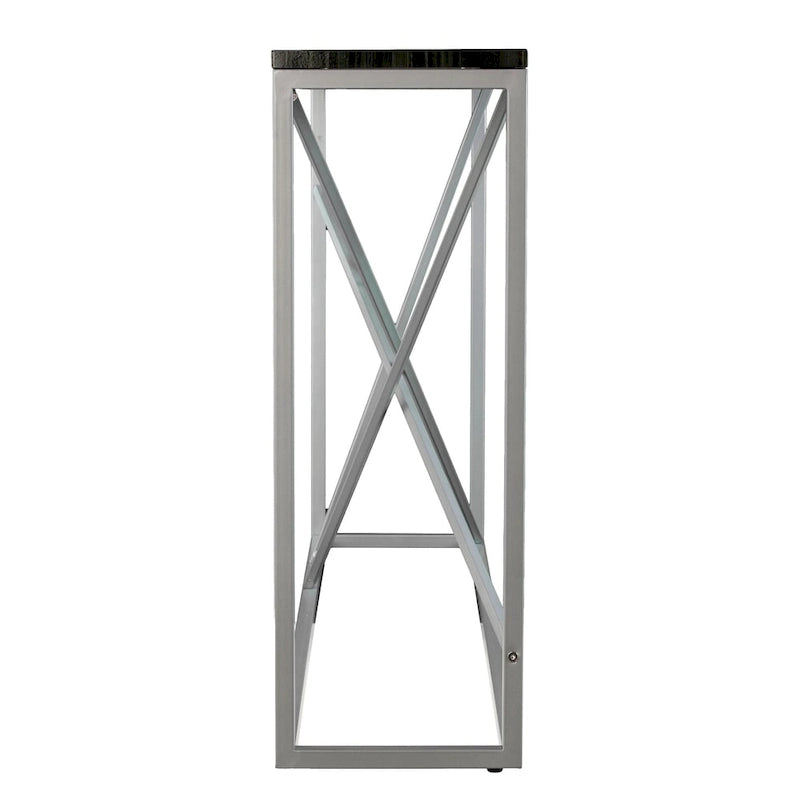 Console étroite en faux marbre noir/gris/beige — Base géométrique moderne en fer, assemblage par 1 personne