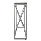 Console étroite en faux marbre noir/gris/beige — Base géométrique moderne en fer, assemblage par 1 personne