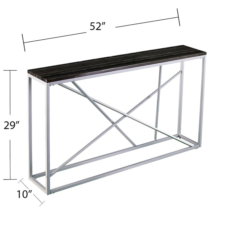 Console étroite en faux marbre noir/gris/beige — Base géométrique moderne en fer, assemblage par 1 personne