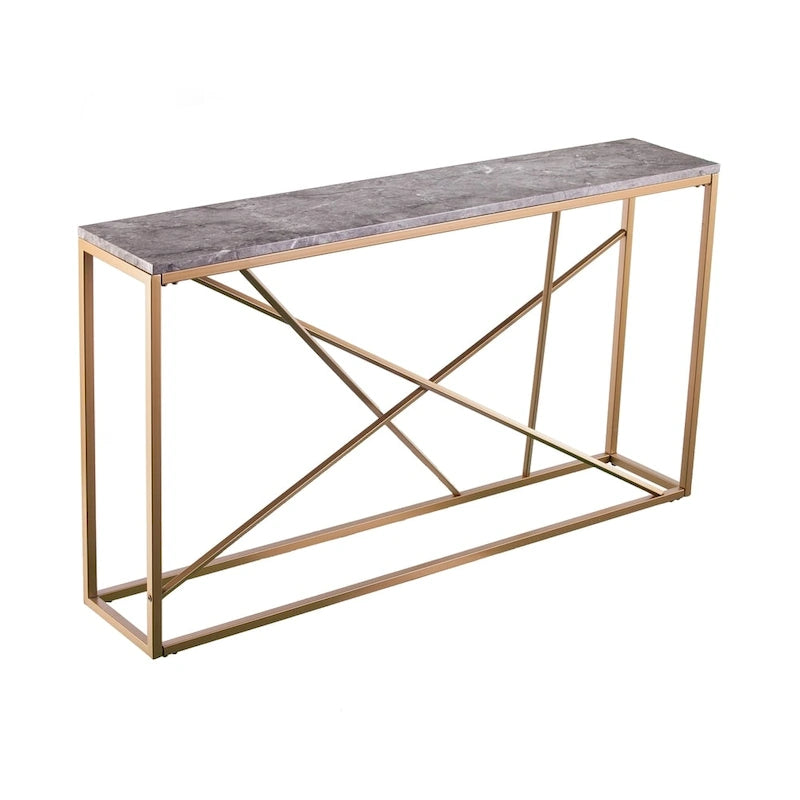 Console étroite en faux marbre noir/gris/beige — Base géométrique moderne en fer, assemblage par 1 personne