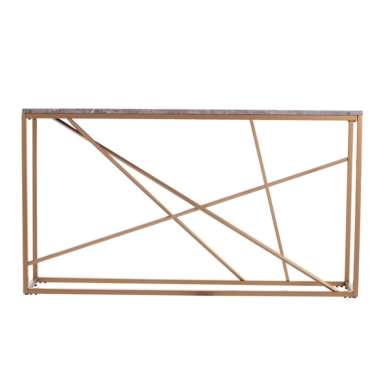 Console étroite en faux marbre noir/gris/beige — Base géométrique moderne en fer, assemblage par 1 personne