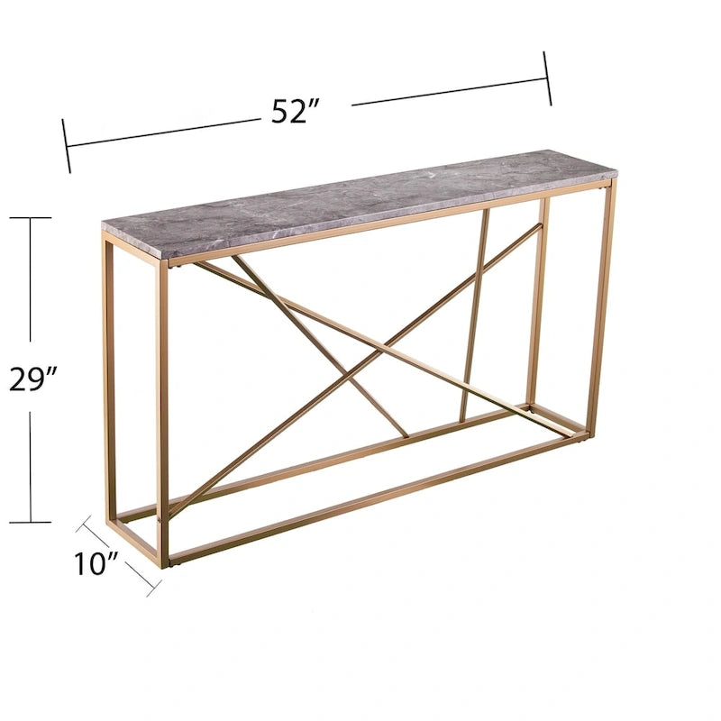 Console étroite en faux marbre noir/gris/beige — Base géométrique moderne en fer, assemblage par 1 personne