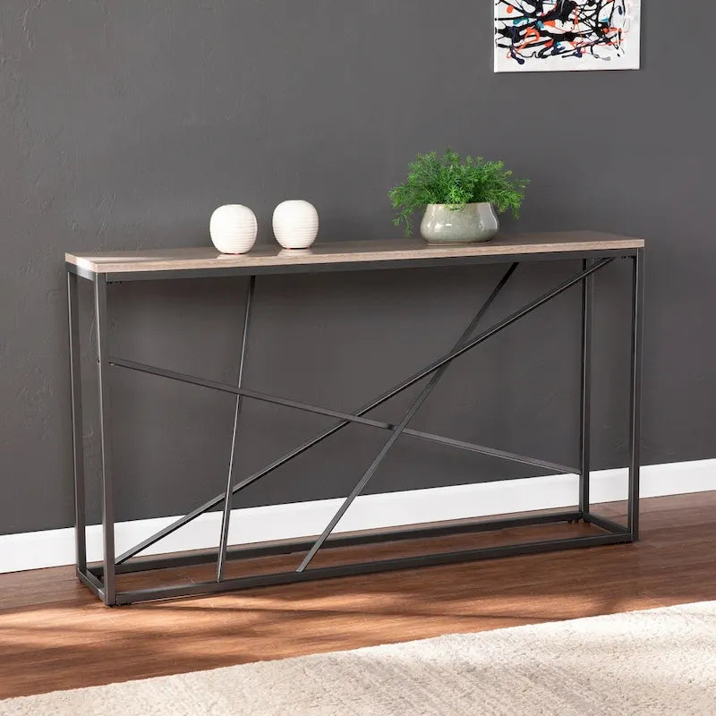 Console étroite en faux marbre noir/gris/beige — Base géométrique moderne en fer, assemblage par 1 personne