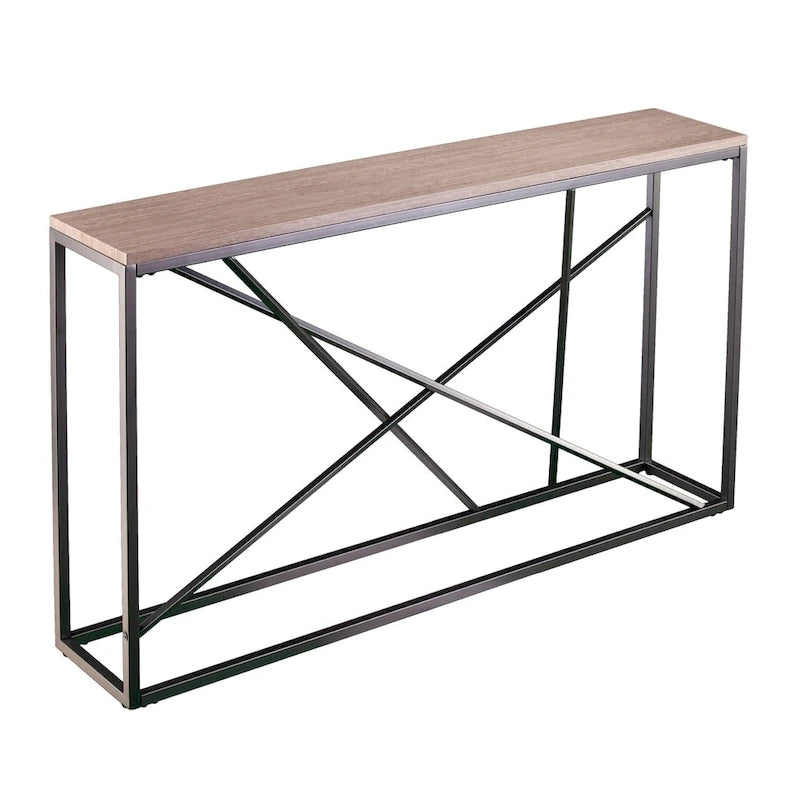 Console étroite en faux marbre noir/gris/beige — Base géométrique moderne en fer, assemblage par 1 personne