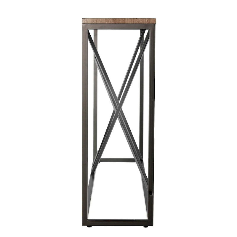 Console étroite en faux marbre noir/gris/beige — Base géométrique moderne en fer, assemblage par 1 personne