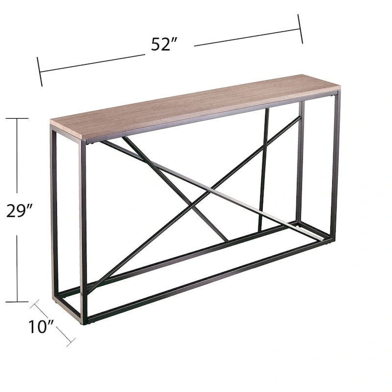 Console étroite en faux marbre noir/gris/beige — Base géométrique moderne en fer, assemblage par 1 personne