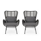 Fauteuil de club en rotin gris / marron clair avec coussins, ensemble de 2