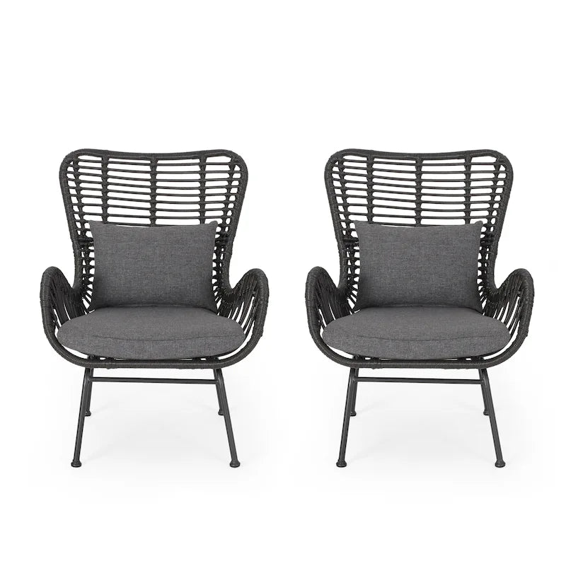 Fauteuil de club en rotin gris / marron clair avec coussins, ensemble de 2