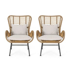 Fauteuil de club en rotin gris / marron clair avec coussins, ensemble de 2
