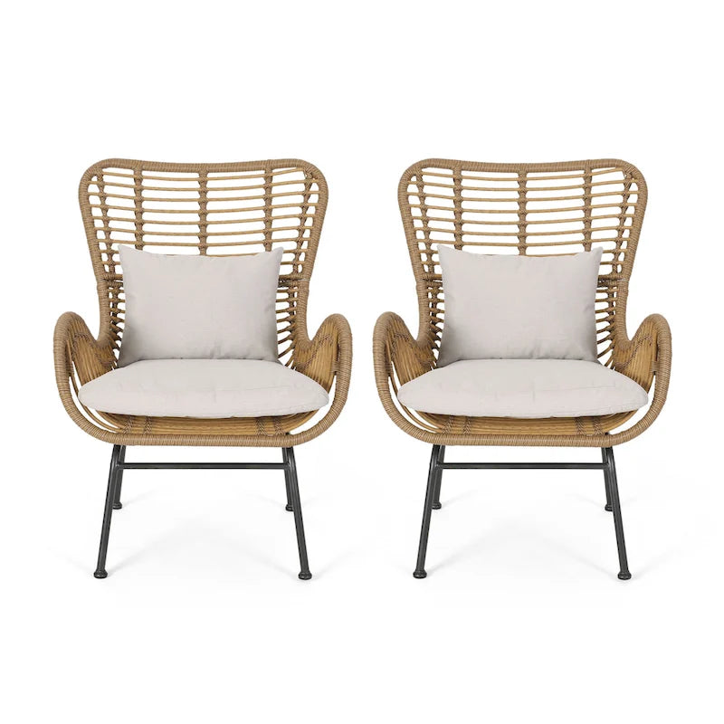 Fauteuil de club en rotin gris / marron clair avec coussins, ensemble de 2