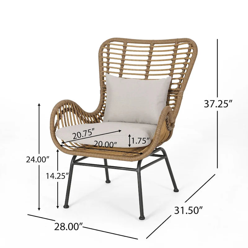 Fauteuil de club en rotin gris / marron clair avec coussins, ensemble de 2