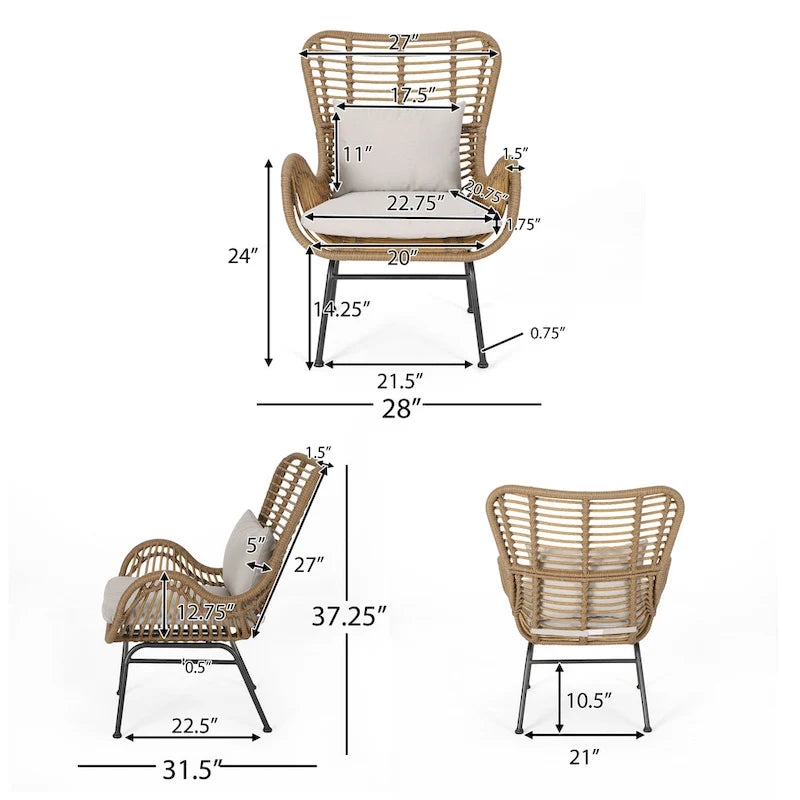 Fauteuil de club en rotin gris / marron clair avec coussins, ensemble de 2