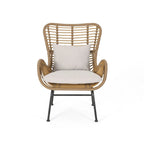 Fauteuil de club en rotin gris / marron clair avec coussins, ensemble de 2