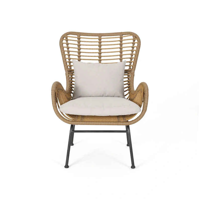 Fauteuil de club en rotin gris / marron clair avec coussins, ensemble de 2