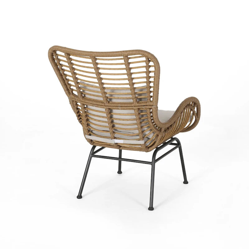 Fauteuil de club en rotin gris / marron clair avec coussins, ensemble de 2
