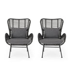Fauteuil de club en rotin gris / marron clair avec coussins, ensemble de 2