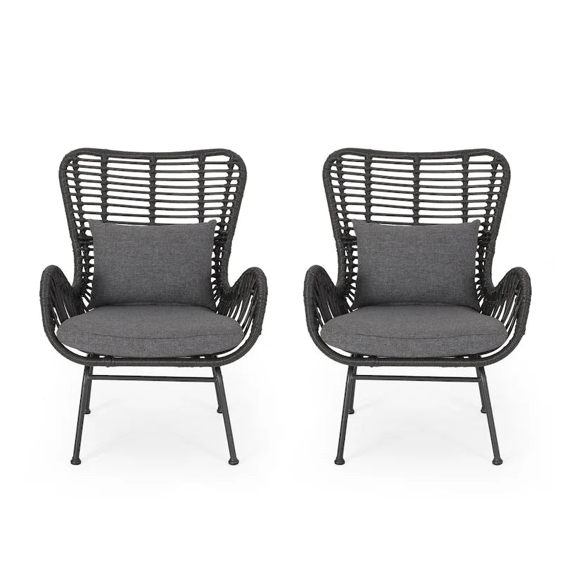 Fauteuil de club en rotin gris / marron clair avec coussins, ensemble de 2