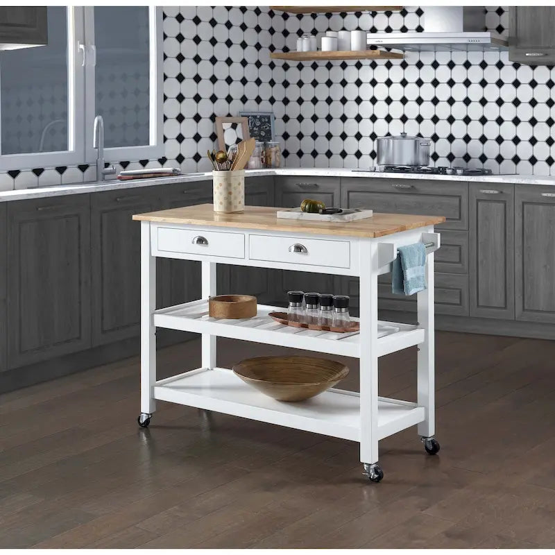 Chariot de cuisine 3 niveaux avec plateau en bois massif et tiroirs — Blanc / Acajou / Noir / Gris foncé / Expresso