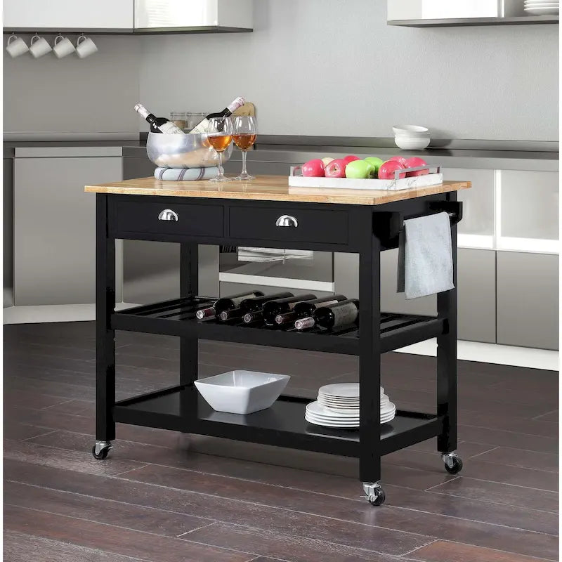 Chariot de cuisine 3 niveaux avec plateau en bois massif et tiroirs — Blanc / Acajou / Noir / Gris foncé / Expresso