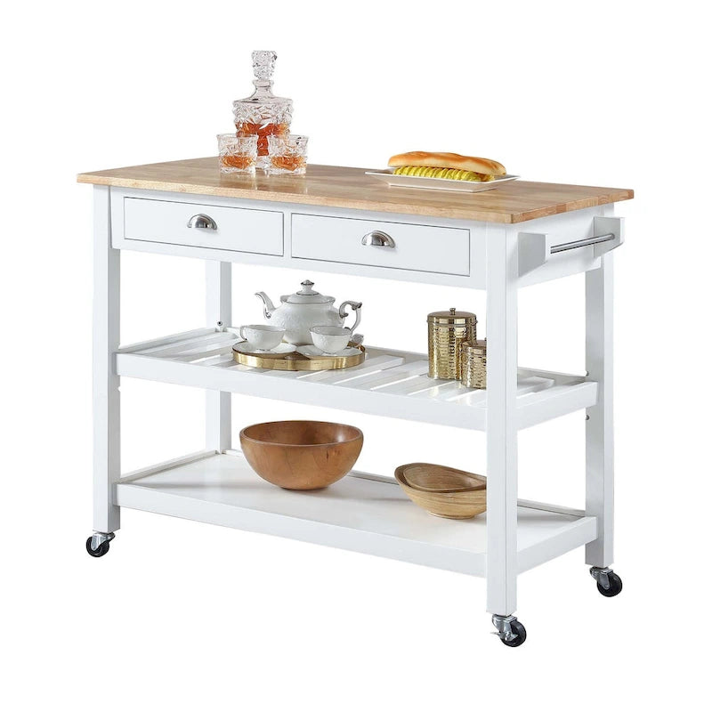 Chariot de cuisine 3 niveaux avec plateau en bois massif et tiroirs — Blanc / Acajou / Noir / Gris foncé / Expresso