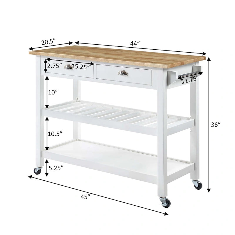 Chariot de cuisine 3 niveaux avec plateau en bois massif et tiroirs — Blanc / Acajou / Noir / Gris foncé / Expresso