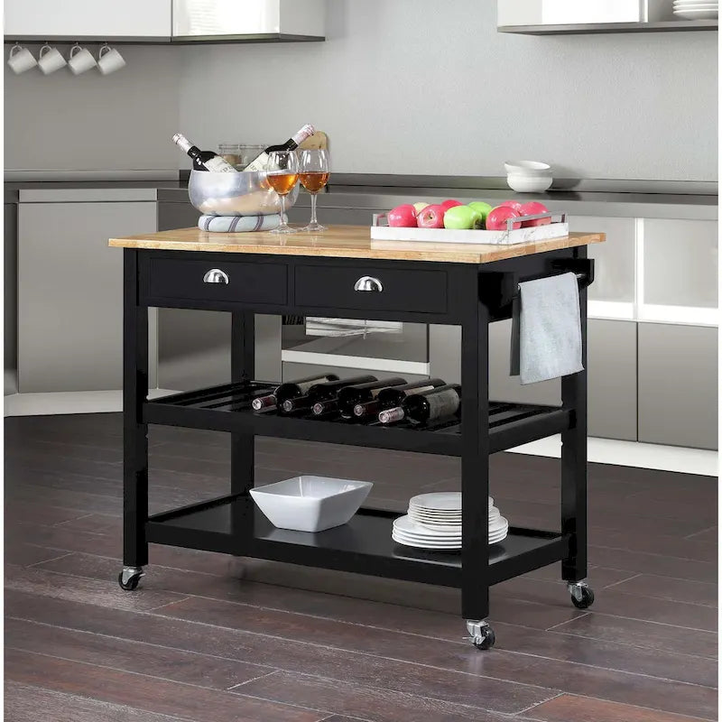 Chariot de cuisine 3 niveaux avec plateau en bois massif et tiroirs — Blanc / Acajou / Noir / Gris foncé / Expresso