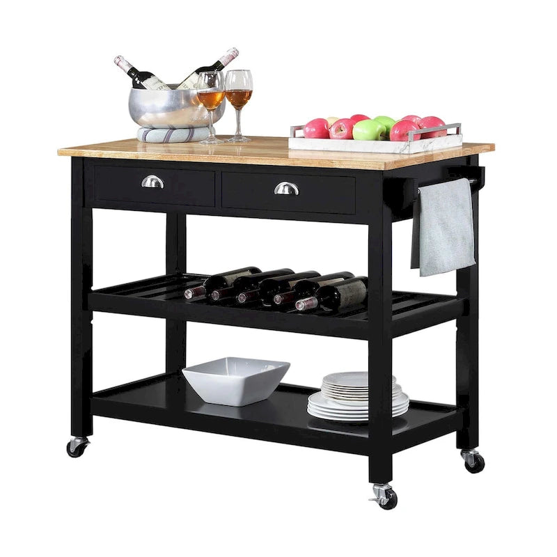 Chariot de cuisine 3 niveaux avec plateau en bois massif et tiroirs — Blanc / Acajou / Noir / Gris foncé / Expresso
