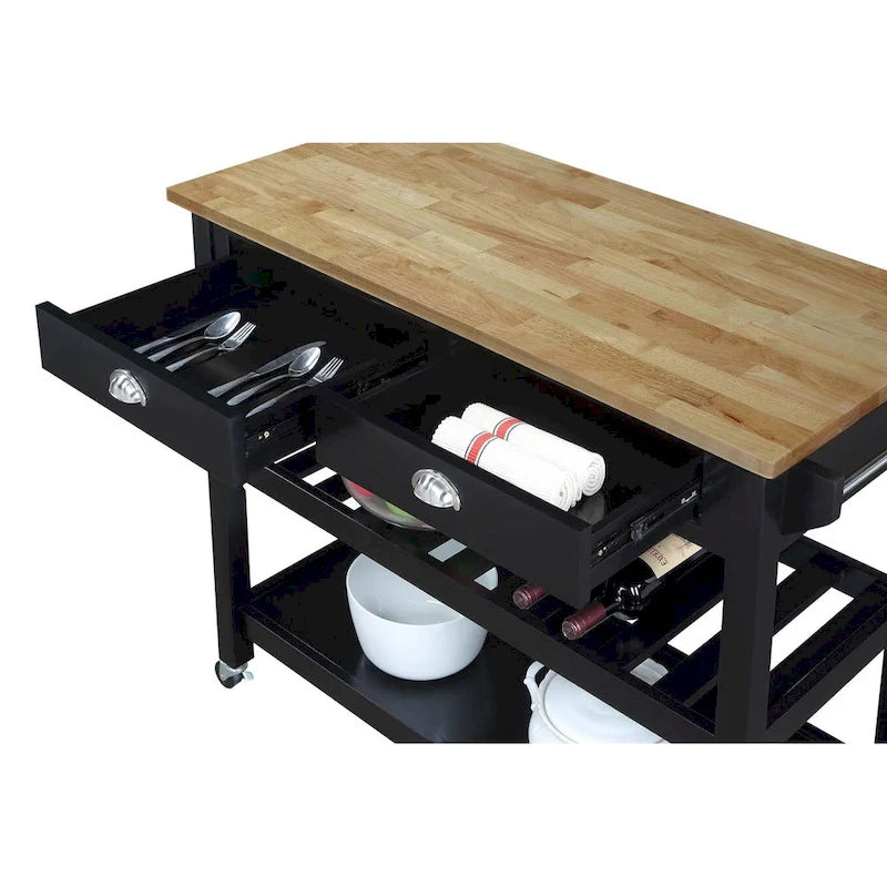 Chariot de cuisine 3 niveaux avec plateau en bois massif et tiroirs — Blanc / Acajou / Noir / Gris foncé / Expresso