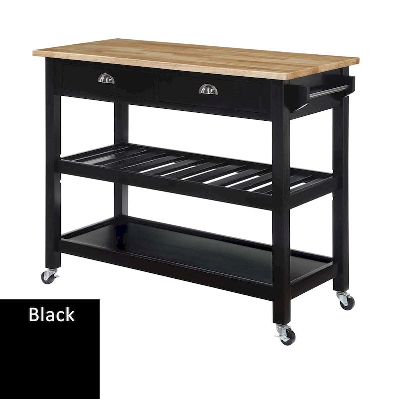 Chariot de cuisine 3 niveaux avec plateau en bois massif et tiroirs — Blanc / Acajou / Noir / Gris foncé / Expresso
