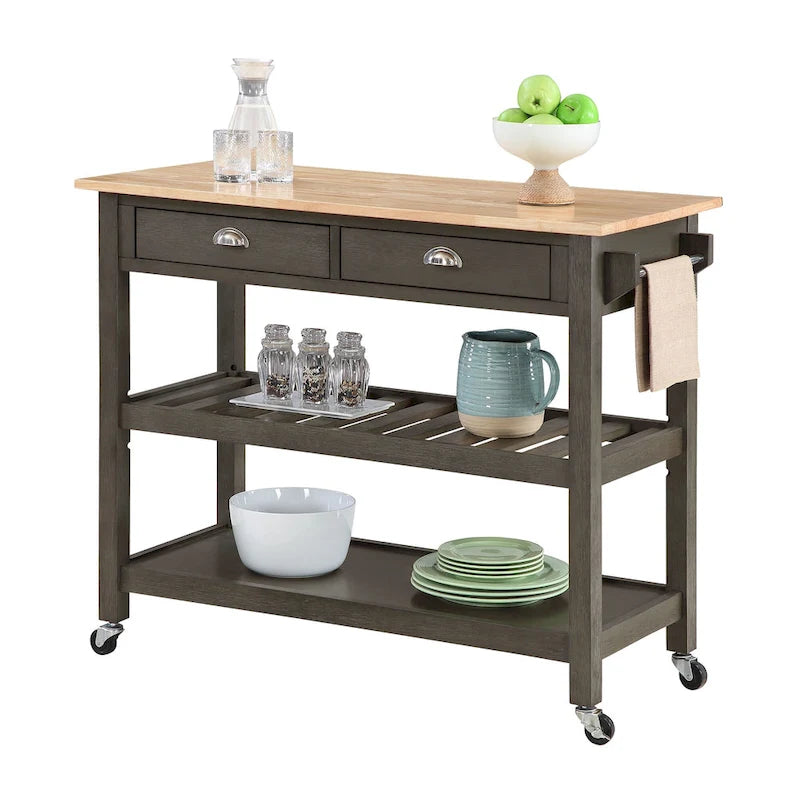 Chariot de cuisine 3 niveaux avec plateau en bois massif et tiroirs — Blanc / Acajou / Noir / Gris foncé / Expresso