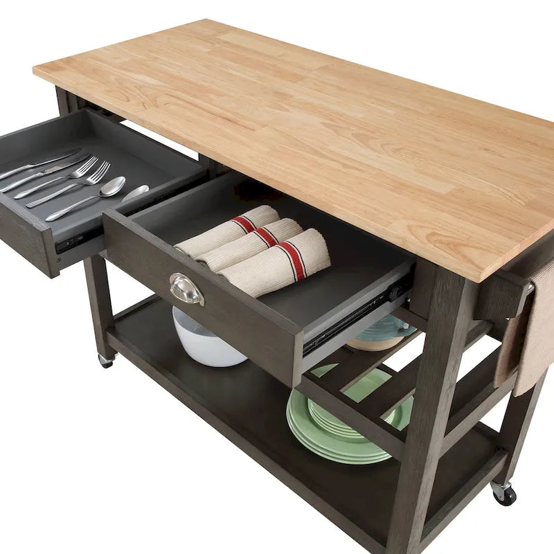 Chariot de cuisine 3 niveaux avec plateau en bois massif et tiroirs — Blanc / Acajou / Noir / Gris foncé / Expresso