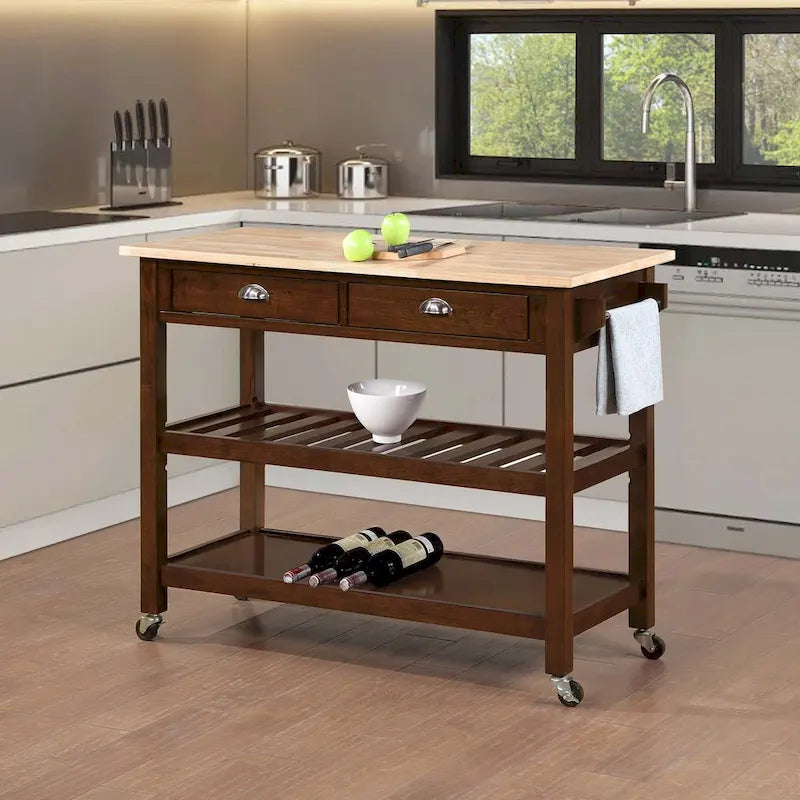 Chariot de cuisine 3 niveaux avec plateau en bois massif et tiroirs — Blanc / Acajou / Noir / Gris foncé / Expresso