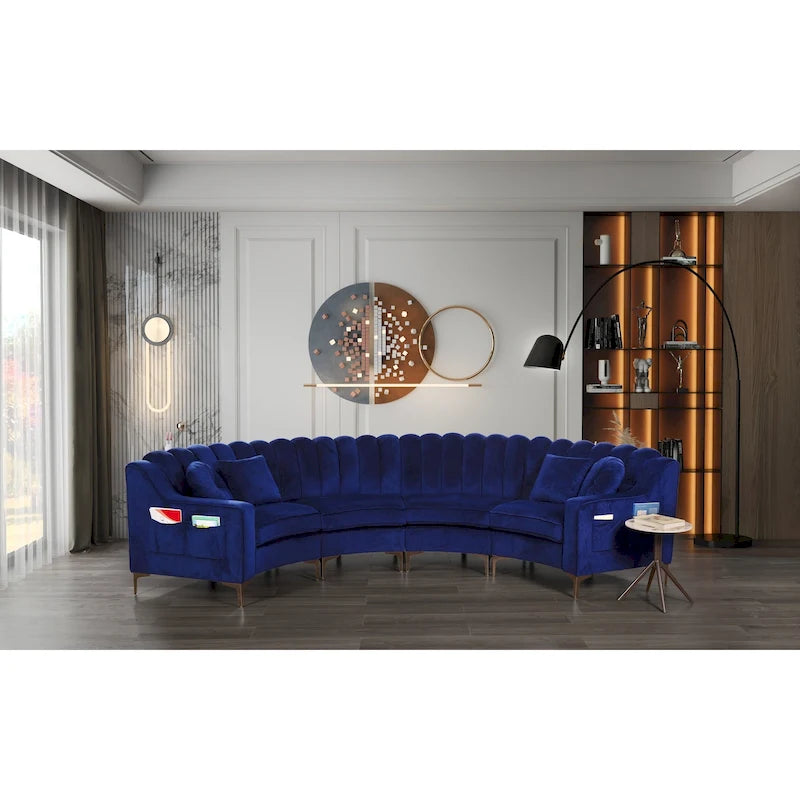 Canapé d'angle rond en velours bleu / crème / gris, 4 places