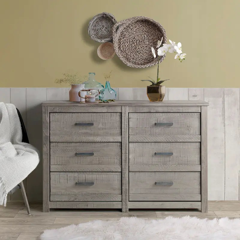 Commode à 6 tiroirs en bois massif rustique gris / noyer / blanc antique