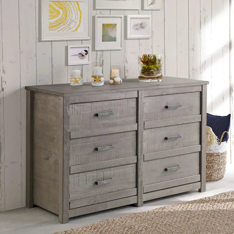 Commode à 6 tiroirs en bois massif rustique gris / noyer / blanc antique