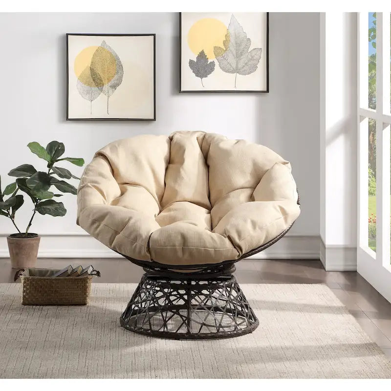 Fauteuil Papasan rond crème, simple, cadre en osier marron