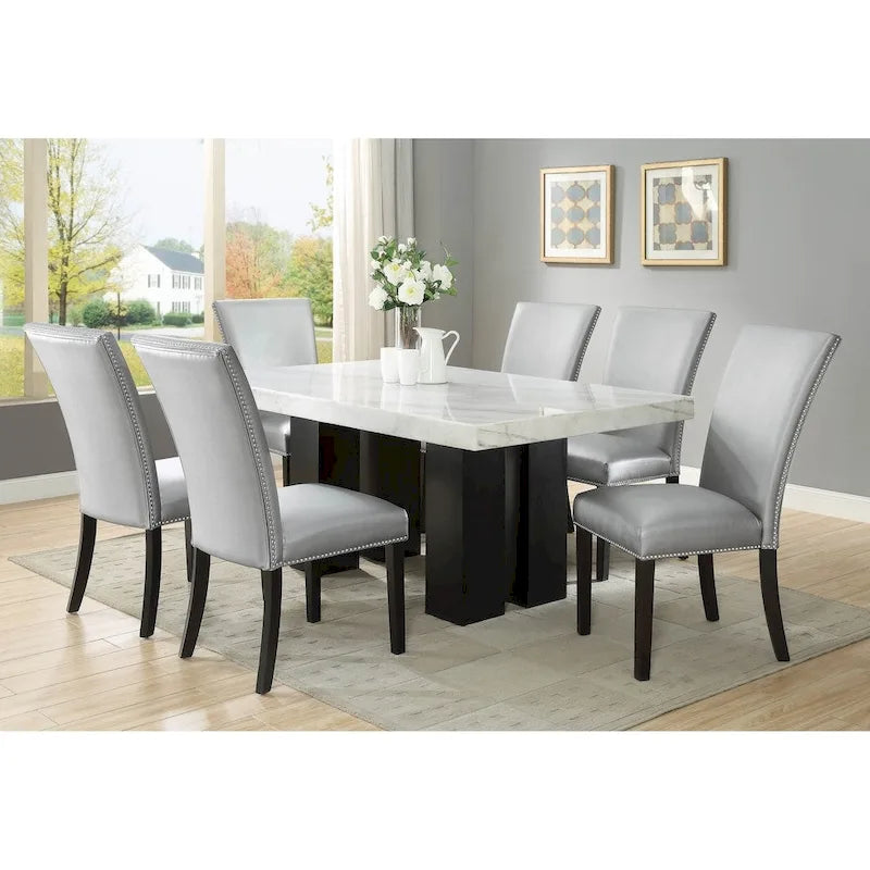 Chaise de salle à manger sans accoudoirs en similicuir et velours argenté/noir/bleu, lot de 2