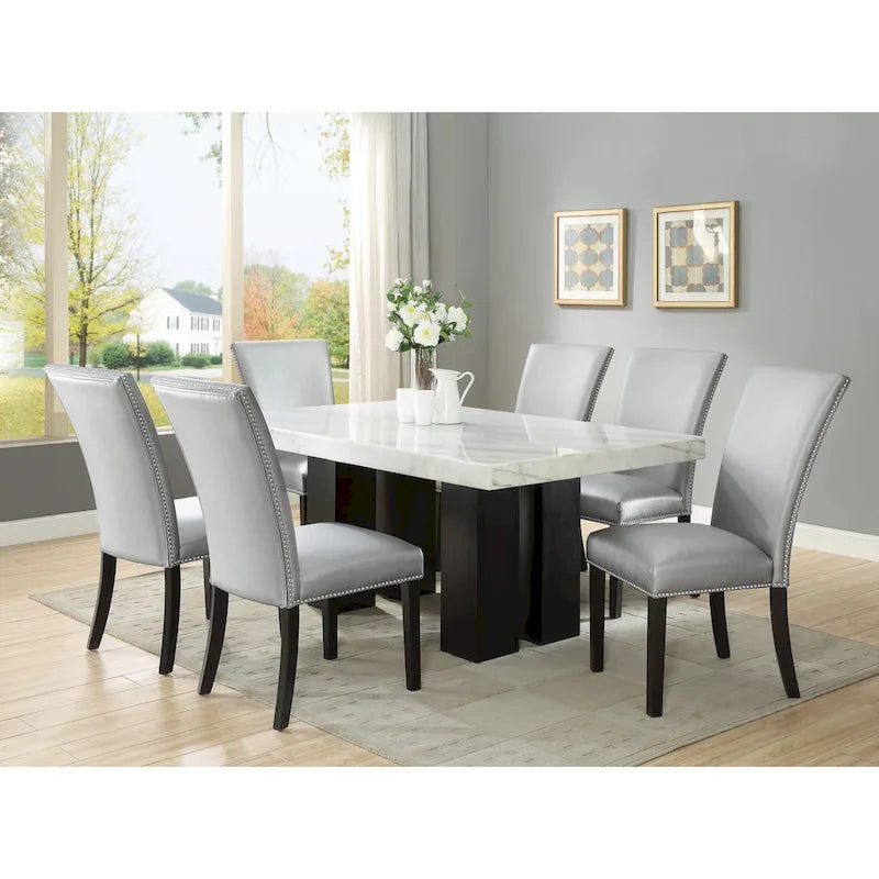 Chaise de salle à manger sans accoudoirs en similicuir et velours argenté/noir/bleu, lot de 2