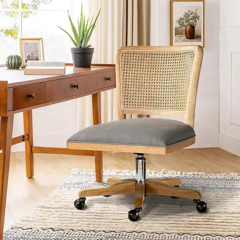 Chaise de bureau pivotante à dossier en rotin gris/beige/lin/cendré/jaune, pieds en bois massif, siège unique