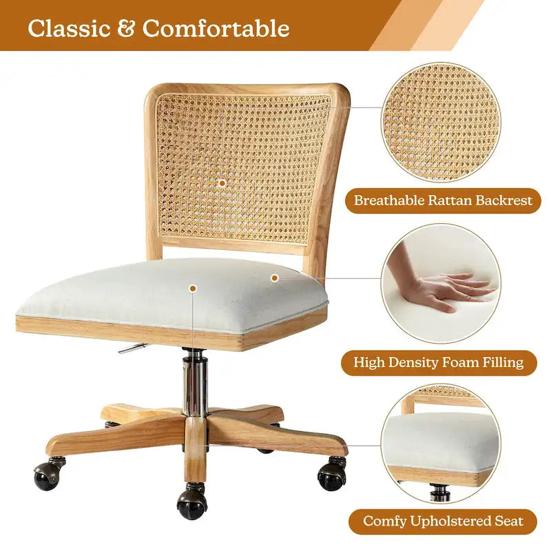 Chaise de bureau pivotante à dossier en rotin gris/beige/lin/cendré/jaune, pieds en bois massif, siège unique